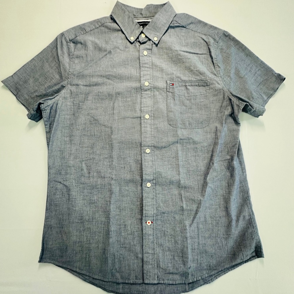 Tommy Hilfiger Mens Blue Short Sleeve Button Down Shirt Large 08678C2121